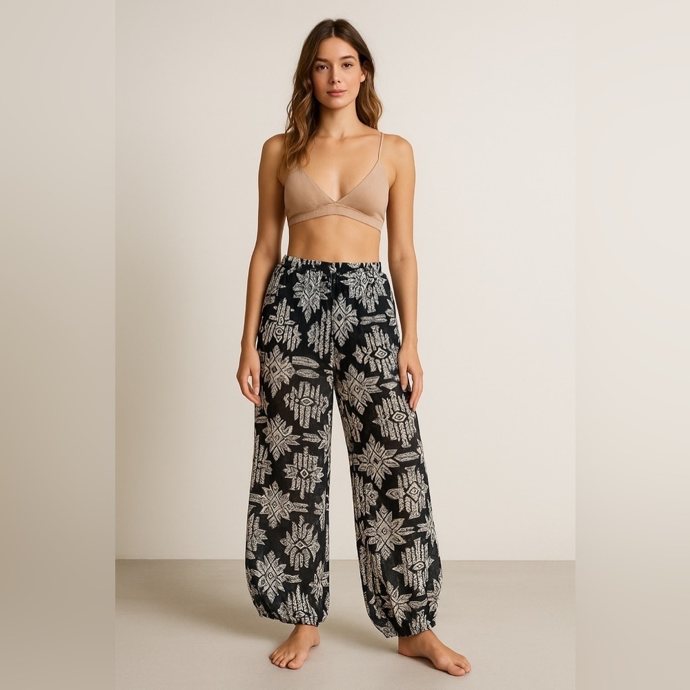 MOA Aztec Tribal Print Wide Leg Sheer Pants Women’s M Boho Hippie Beach 25x27